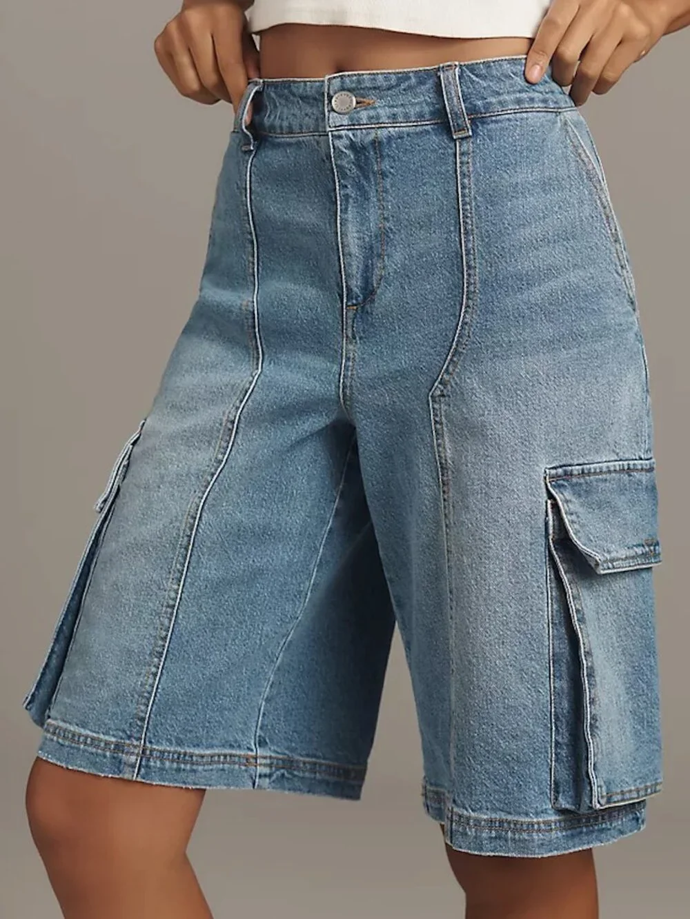 NWT Avec Les Filles Long Denim Cargo Bermuda Shorts, Size 26